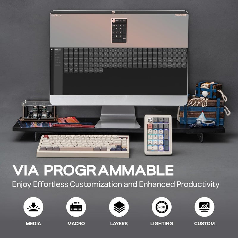 EPOMAKER EK21 VIA Gasket Number Pad with 1000mAh Battery, BT 5.0/2.4GHz/Wired Hot-Swap Numpad with Aluminum Alloy knob, Programmable for Win/Mac/Gaming (Retro White, Wisteria V2 Switch) - Image 3